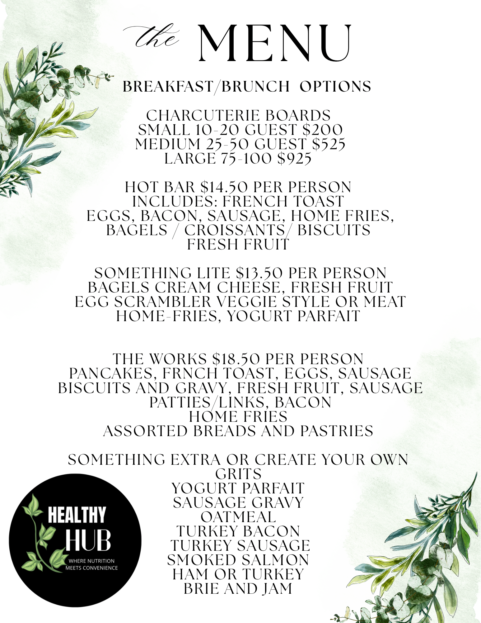 green and white watercolor wedding menu 1